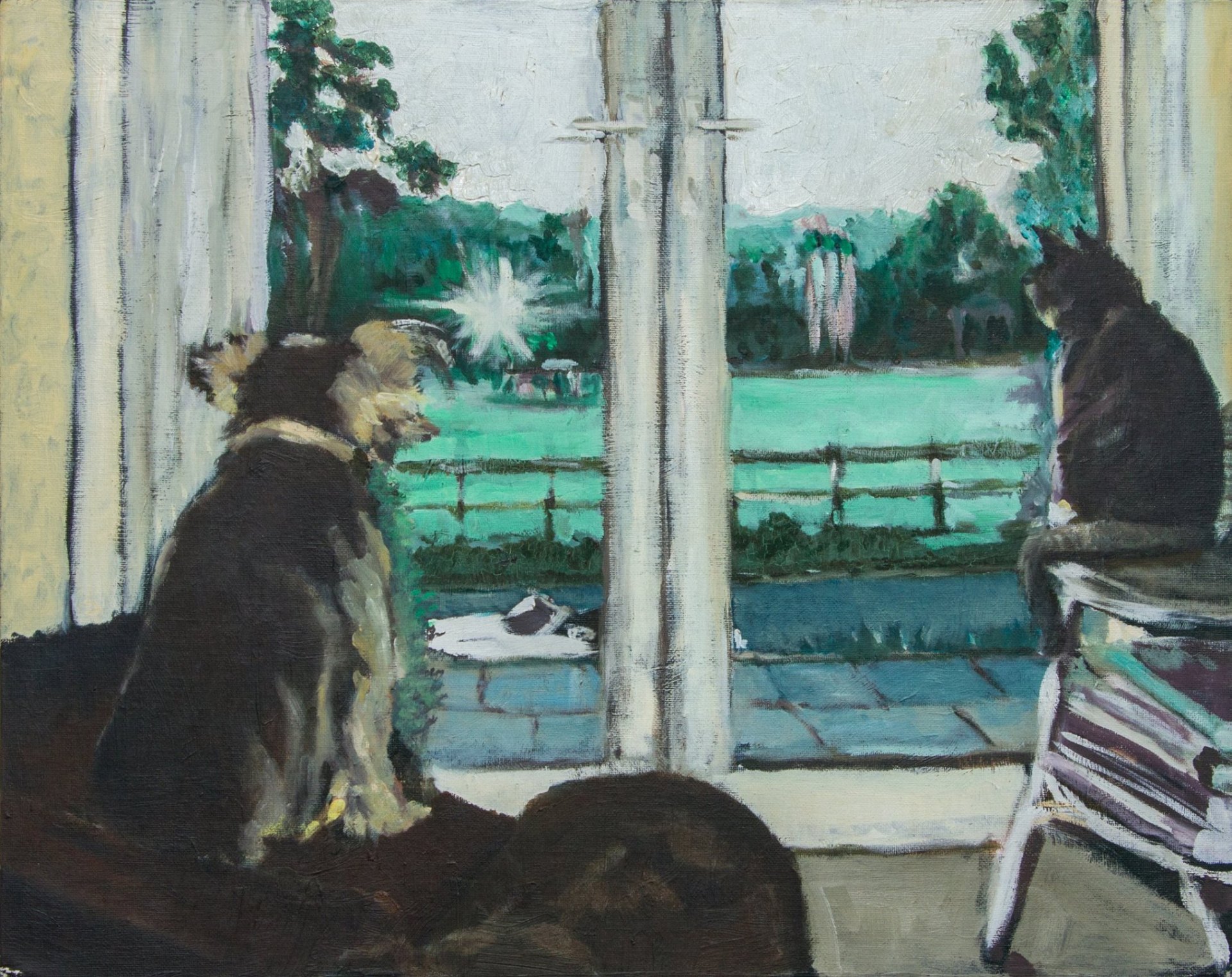 Aberystwyth — cão e gato à janela, óleo sobre tela