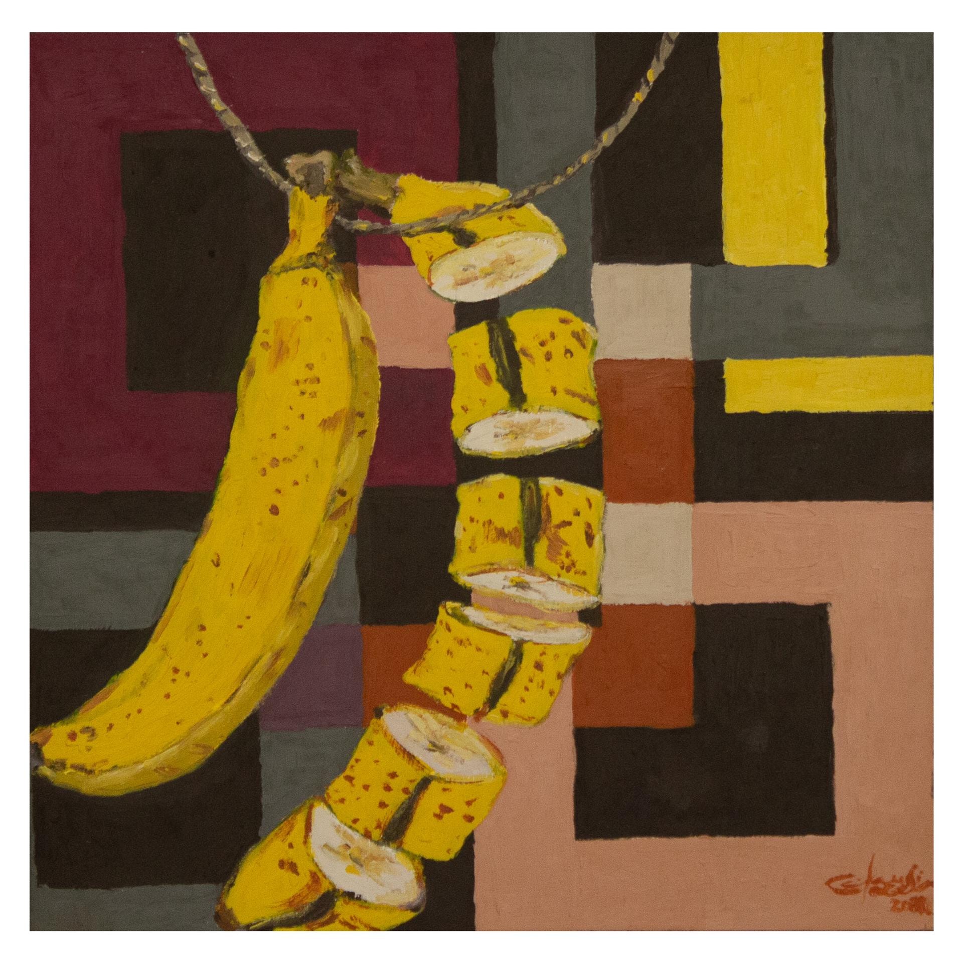 Ode a Antonio Amaral — banana e fatias sobre fundo geométrico