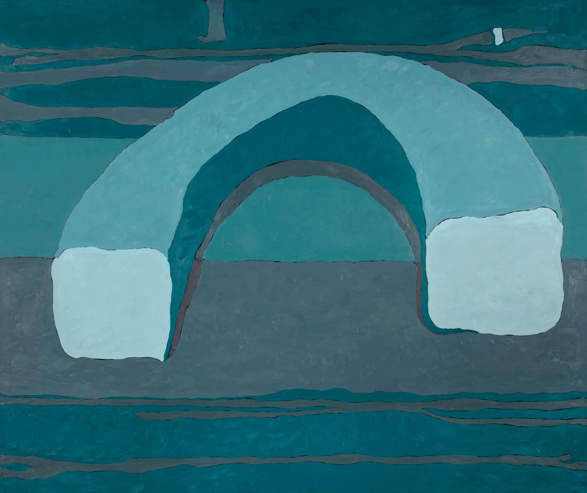Identidade Nômade — arco em azul-turquesa sobre fundo cinza e verde-azulado